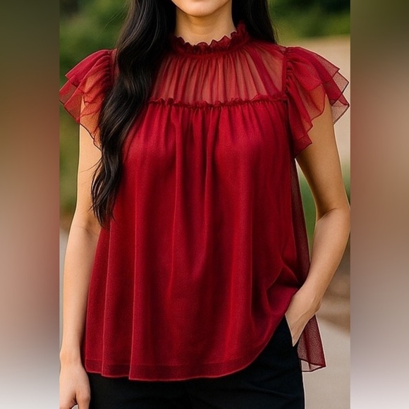 ON 34TH RED RUFFLE TULLE SHEER BABY DOLL FLUTTER SLEEVE DRESSY TOP/BLOUSE SZ 0X - Picture 2 of 13